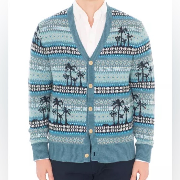 J. Crew Palm Tree Fair Isle Knit Cardigan Sweater Men's Medium - Picture 2 of 8